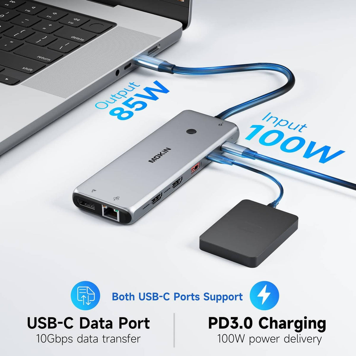 USB-C docking station with blue charging/data cables, 100W power delivery