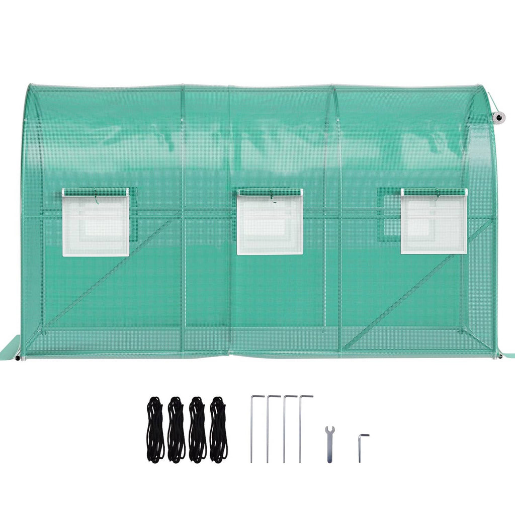 Back of greenhouse tunnel with three zippered side panels and included frame parts