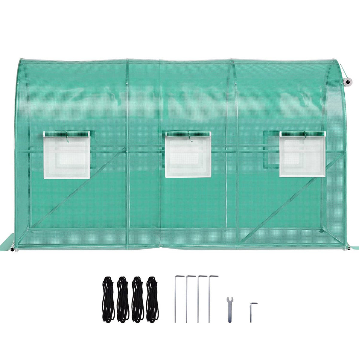 Back of greenhouse tunnel with three zippered side panels and included frame parts