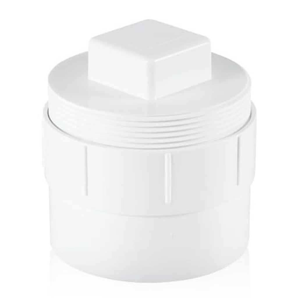 White PVC sewer cleanout adapter with plug cap, three-quarter view