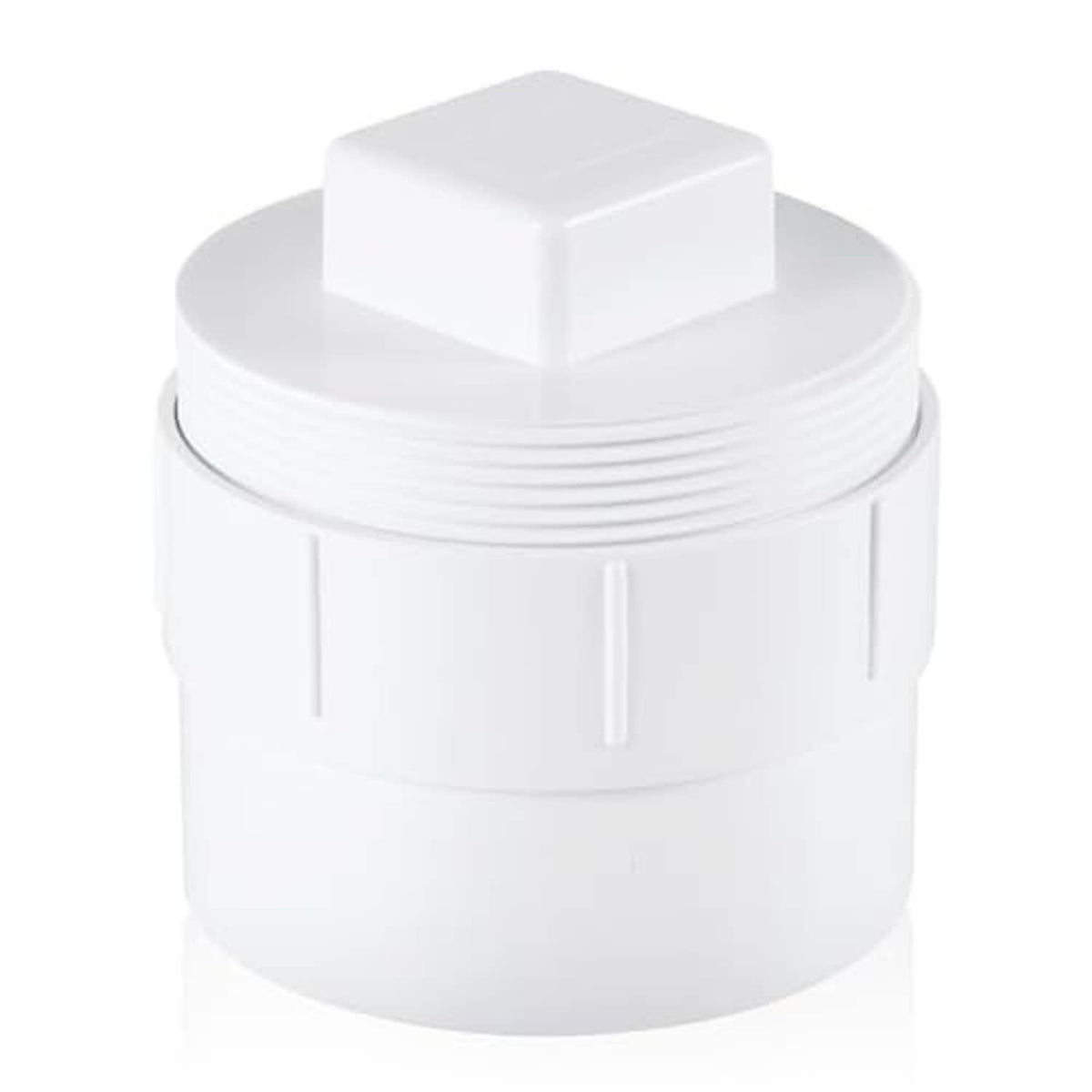 White PVC sewer cleanout adapter with plug cap, three-quarter view