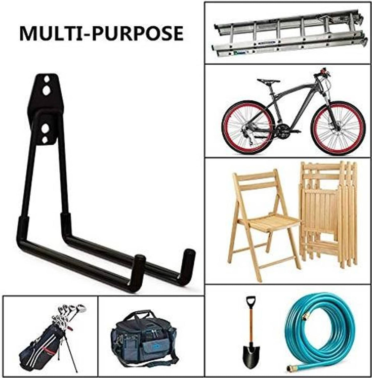 Black multi-purpose wall hook with mounting for tools, bags, shovel, and hose