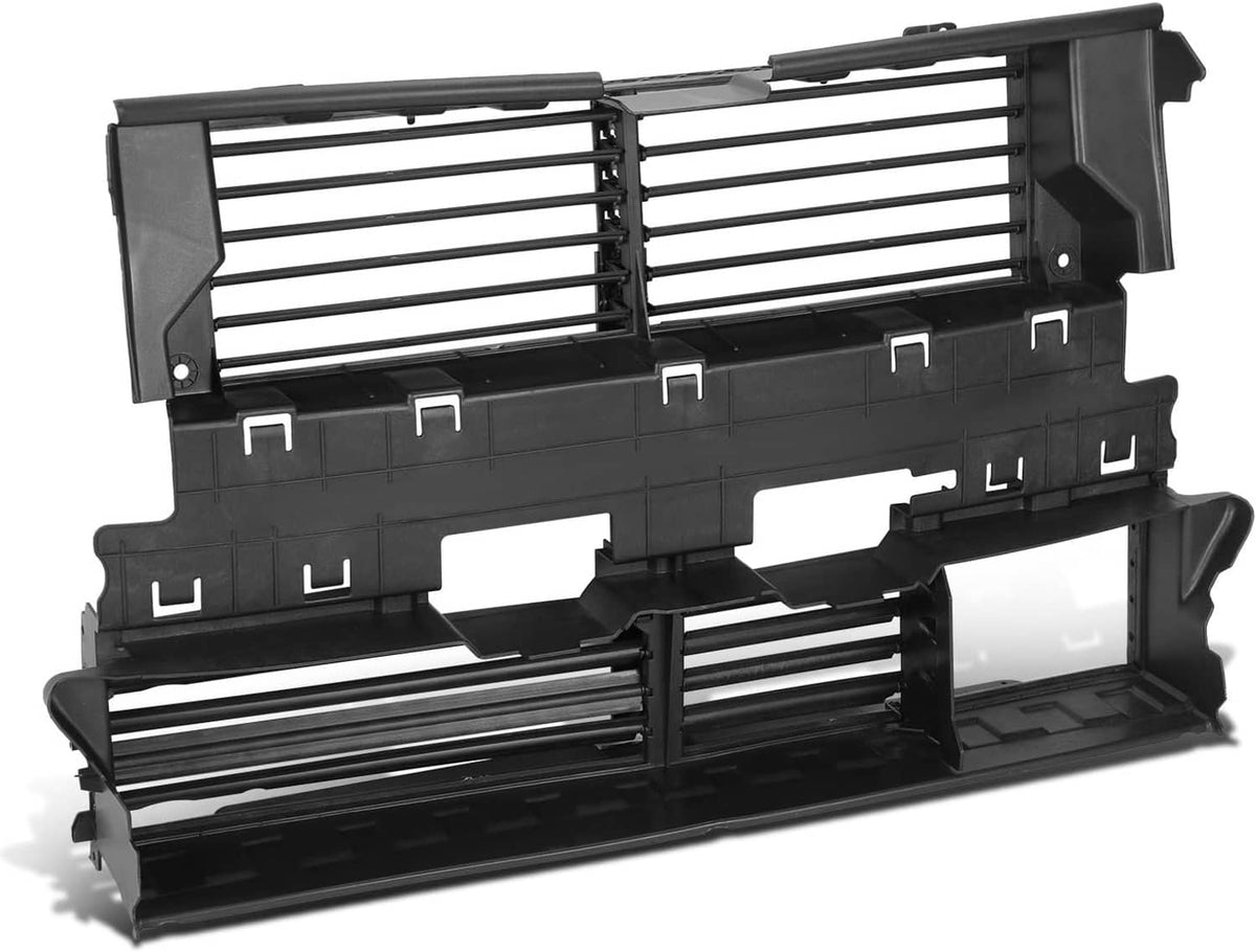 Radiator shutter grille assembly underside with mounting tabs and slat bars, black