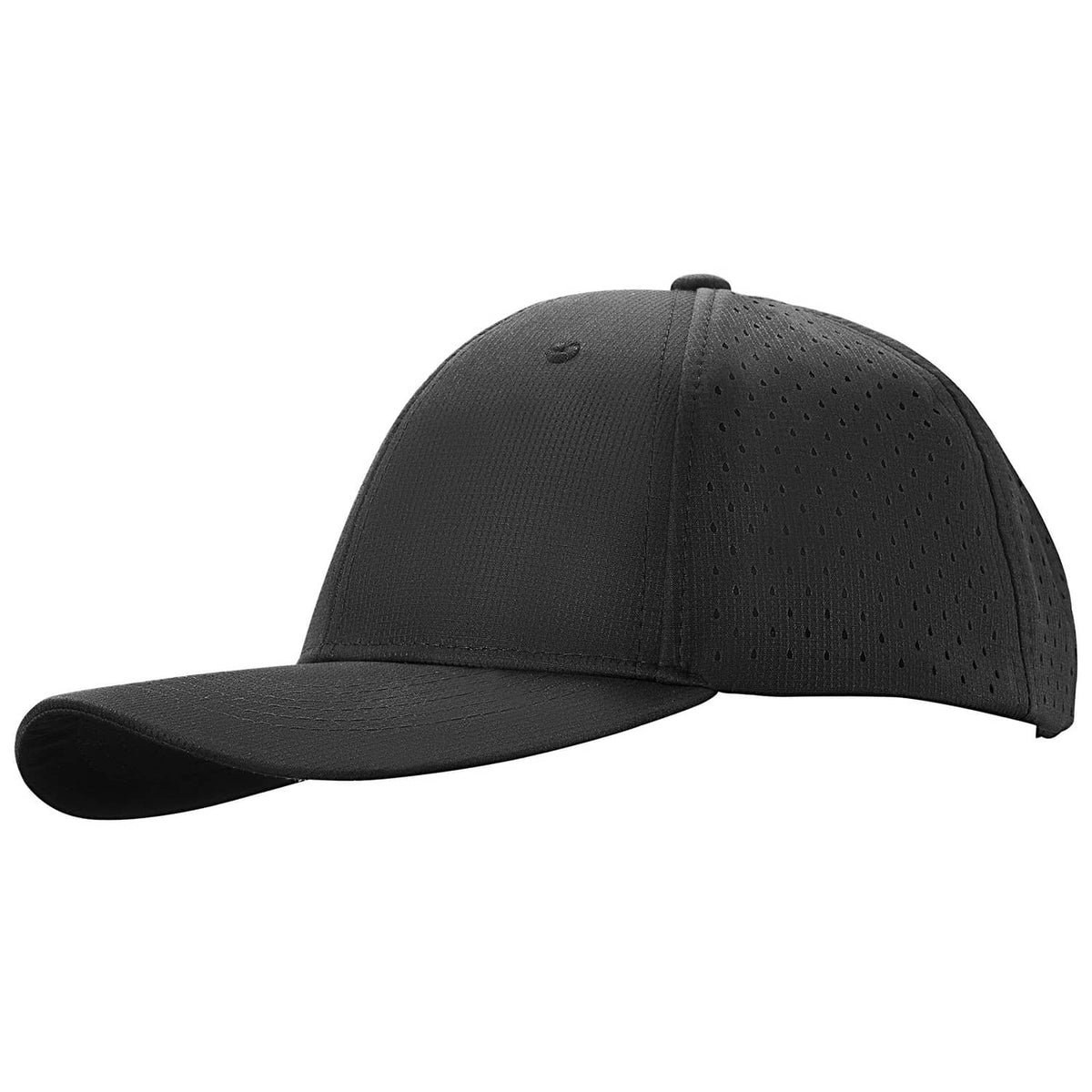 Black breathable baseball cap with perforated side panels