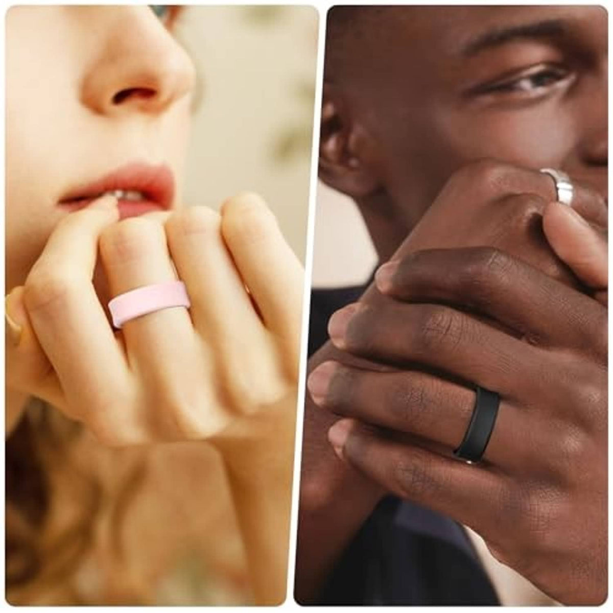 Silicone ring covers worn on fingers: pink band and black band