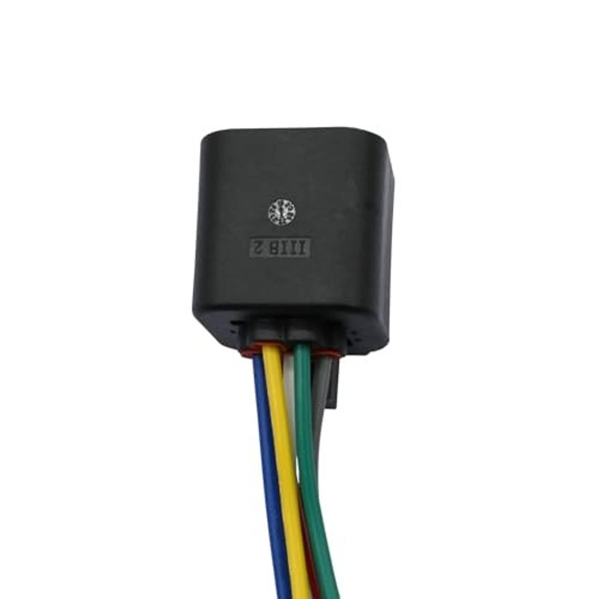 Headlight wiring harness connector module with black case and yellow/blue/green/red wires