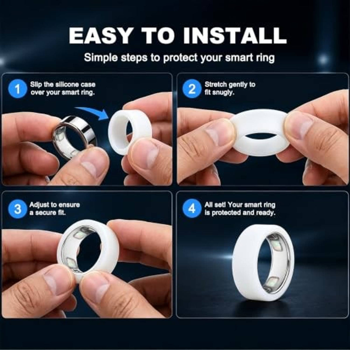 White silicone ring cover installed over a smart ring, stretched snugly