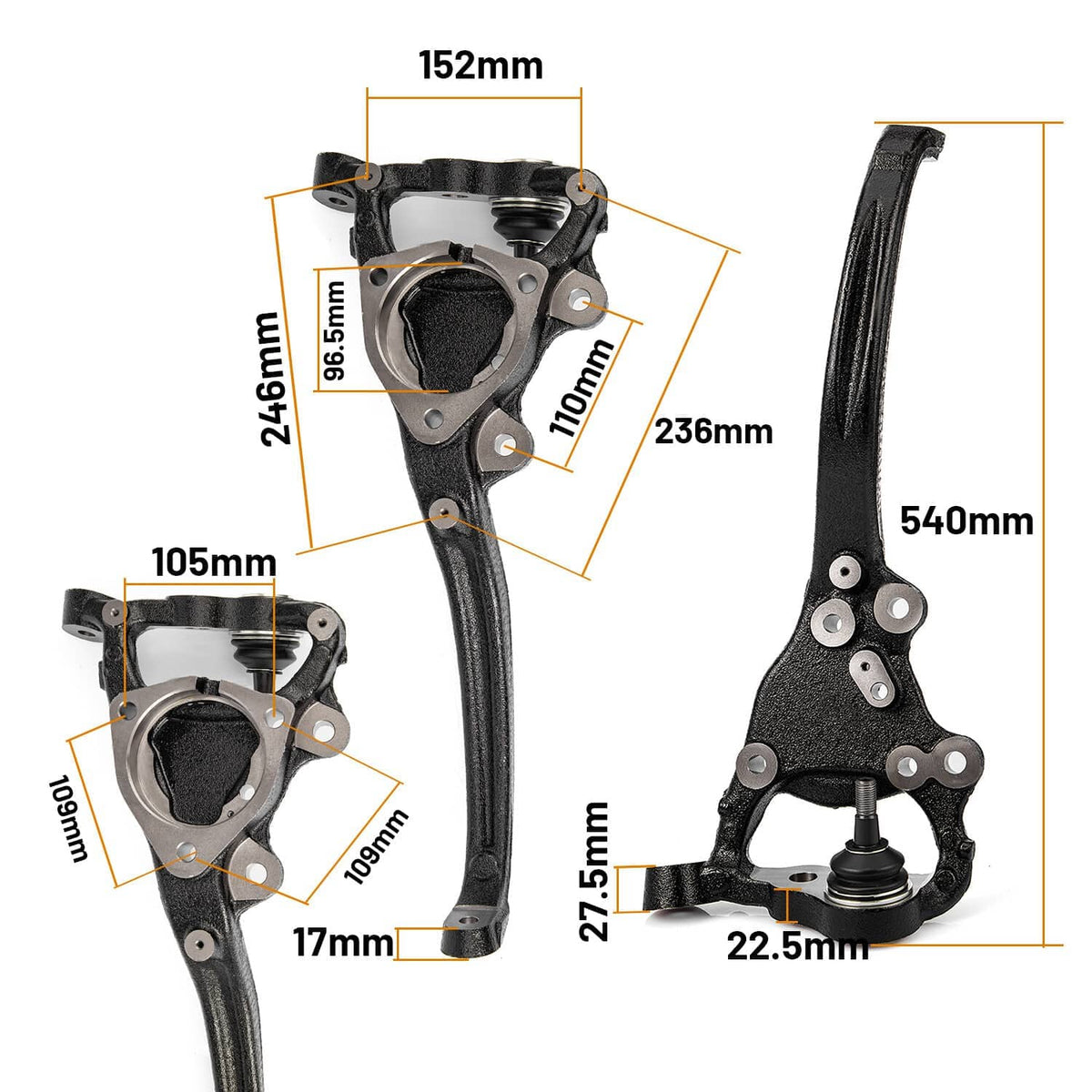 Right front steering knuckle with size diagram showing black housing and arm