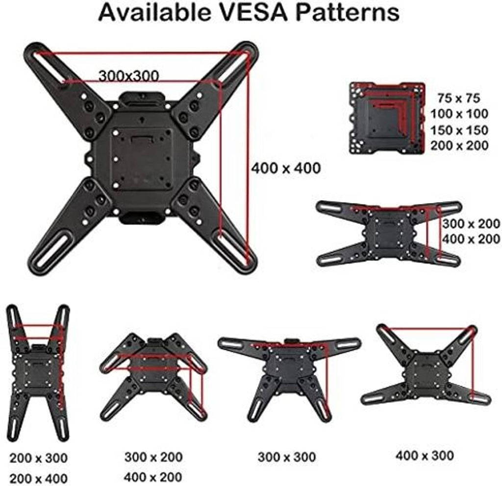 VESA-compatible TV wall mount bracket with multiple hole patterns and mounting sizes