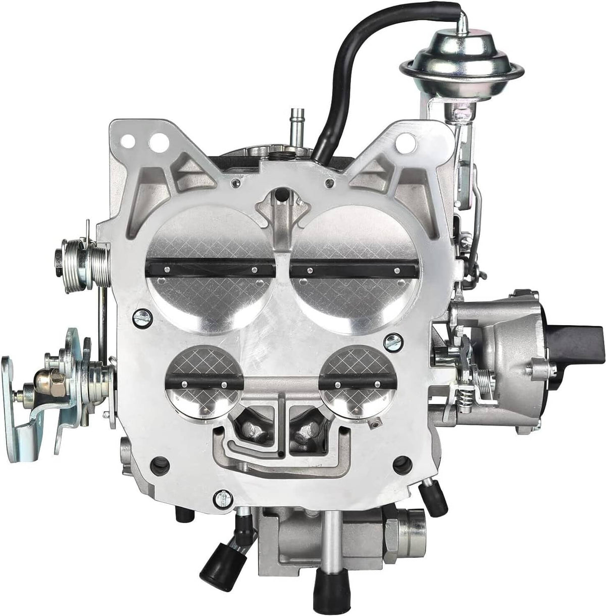 Silver carburetor with two round chambers, throttle linkage, and side fuel fitting