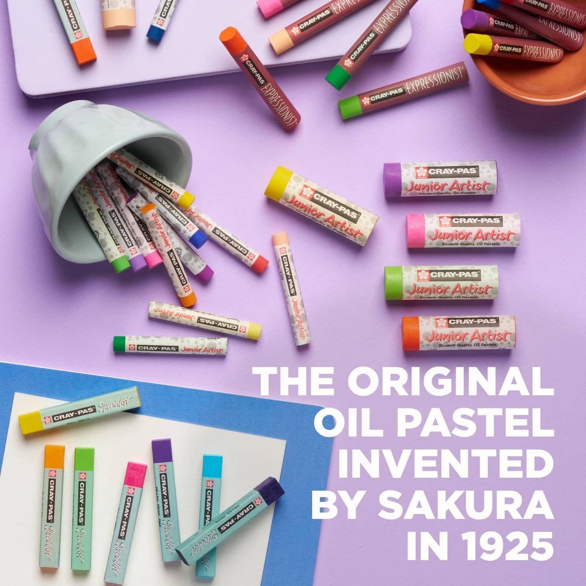 Oil pastel crayons, assorted colored sticks and small pastel tubes