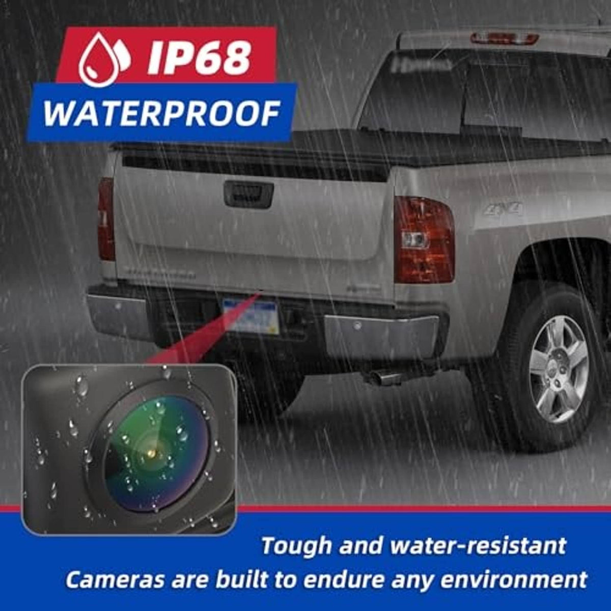 Weatherproof backup camera on pickup rear shown in heavy rain