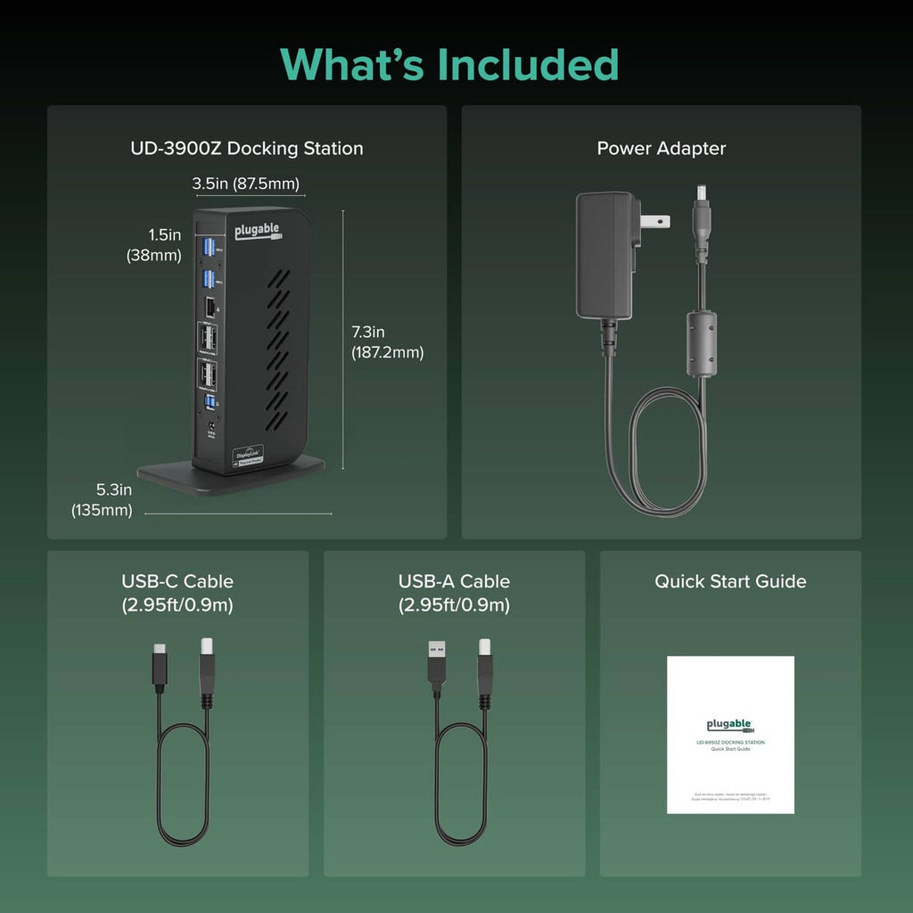 Included accessories for docking station: power adapter, cables, and quick start guide