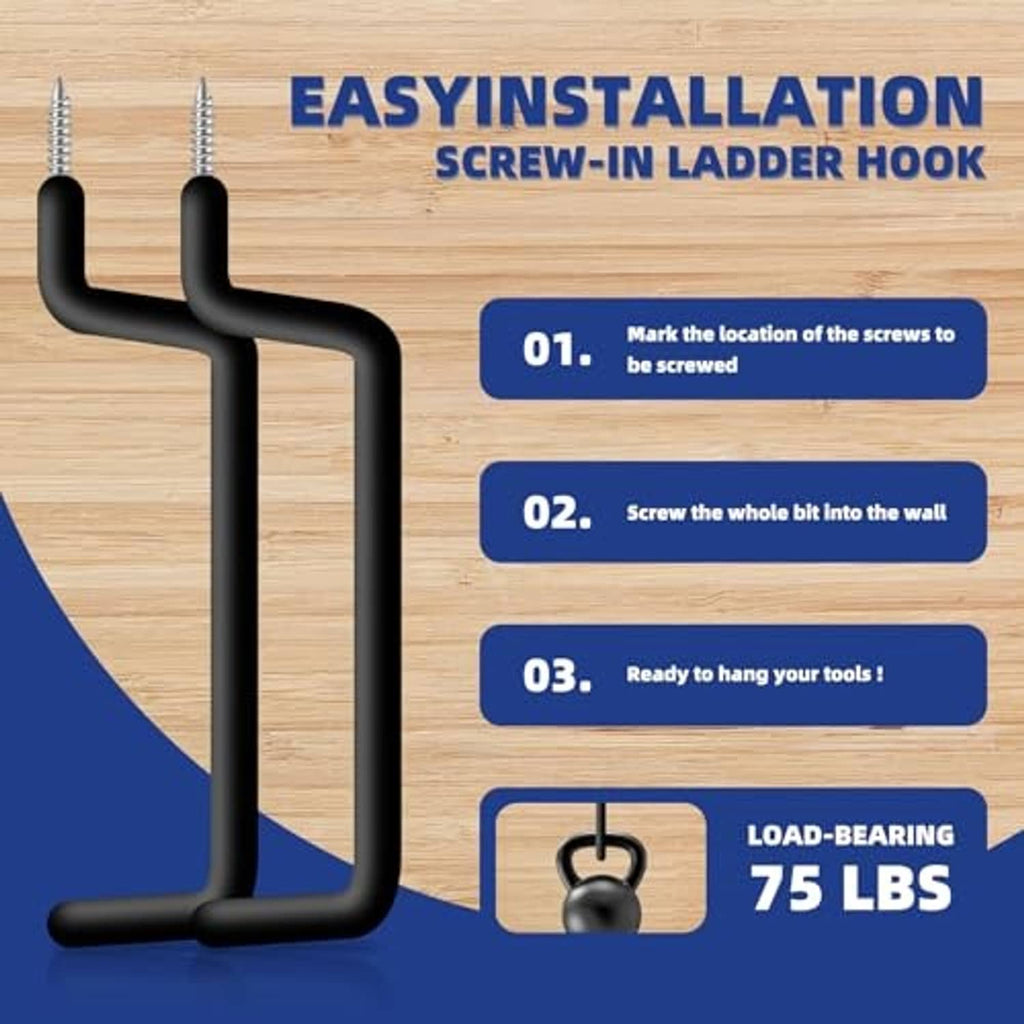 Black screw-in ladder hook with mounting screw, showing easy installation steps