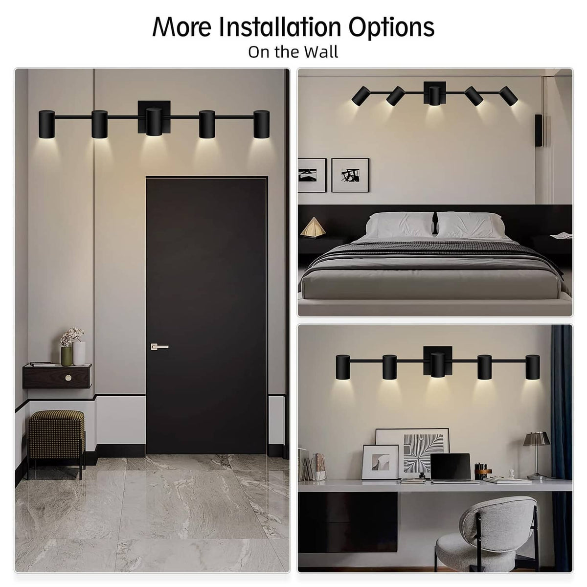 Black track lighting with five directional cylindrical spotlights mounted on a surface