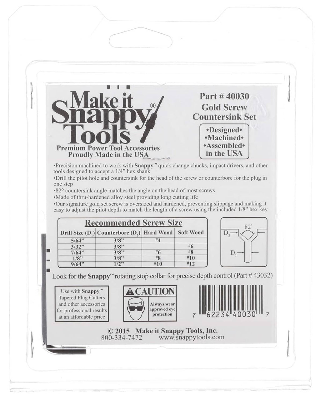 Back of package for 5-piece gold countersink screw drill bit set