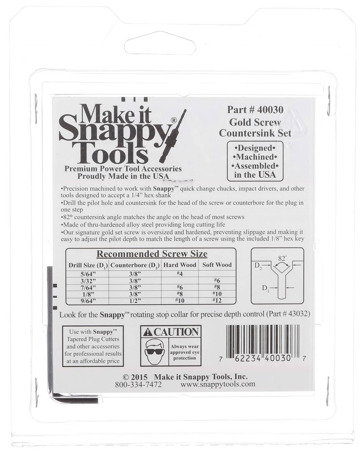 Back of package for 5-piece gold countersink screw drill bit set