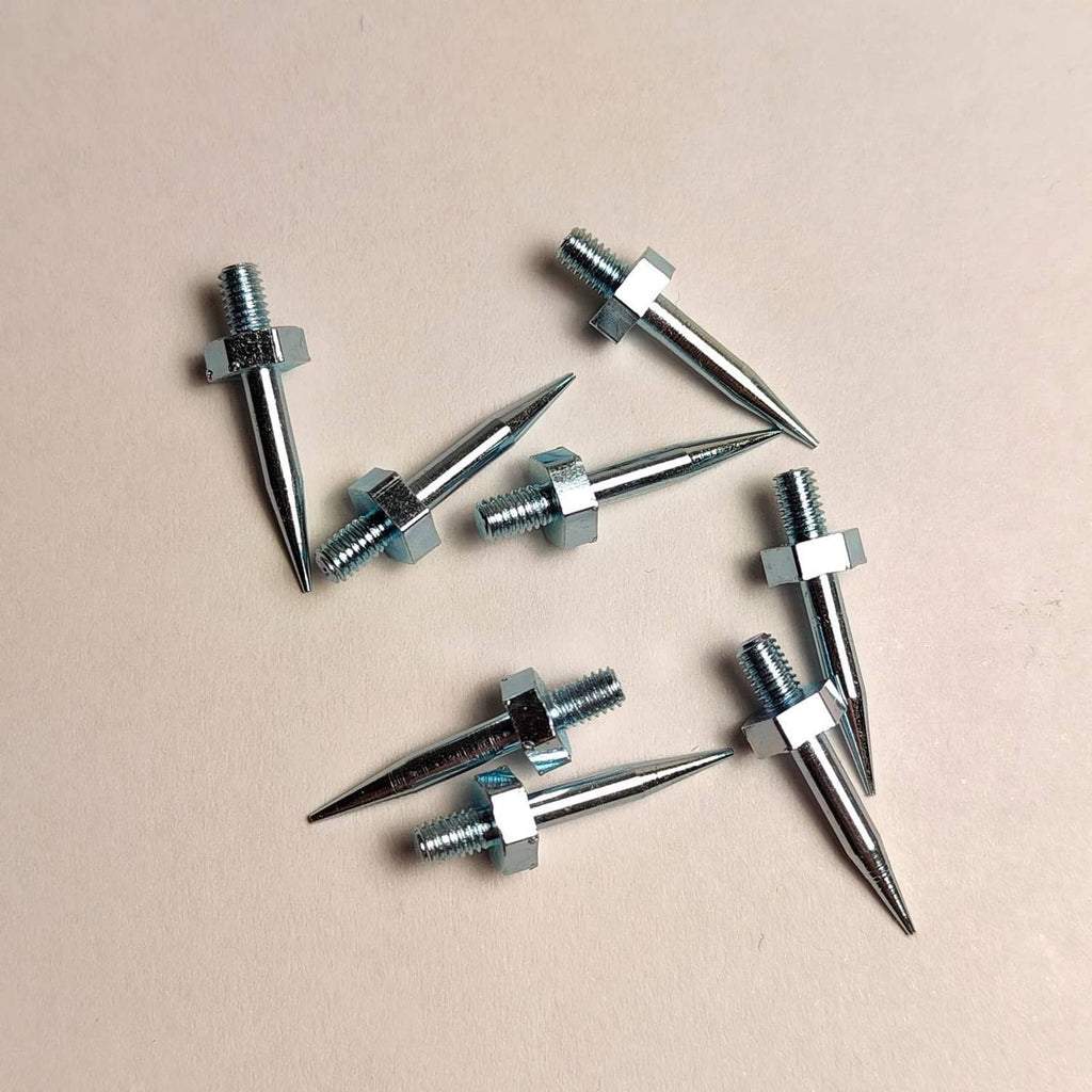 Replacement moisture meter pins with pointed tips and threaded posts, metal set