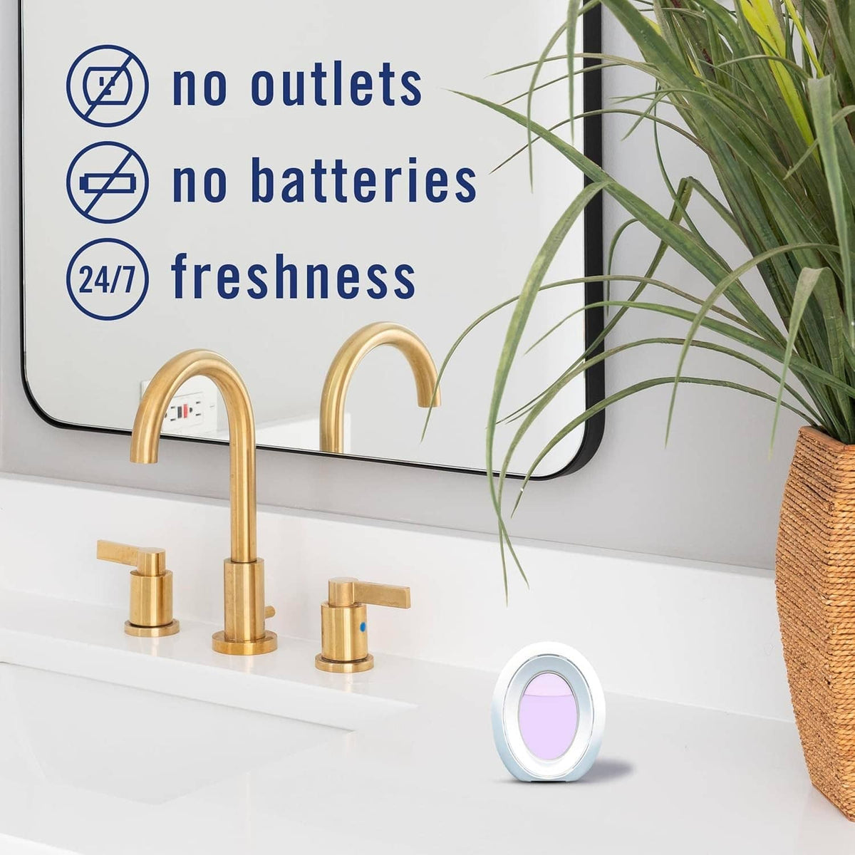 Plug-in air freshener device with lavender round insert on a bathroom counter
