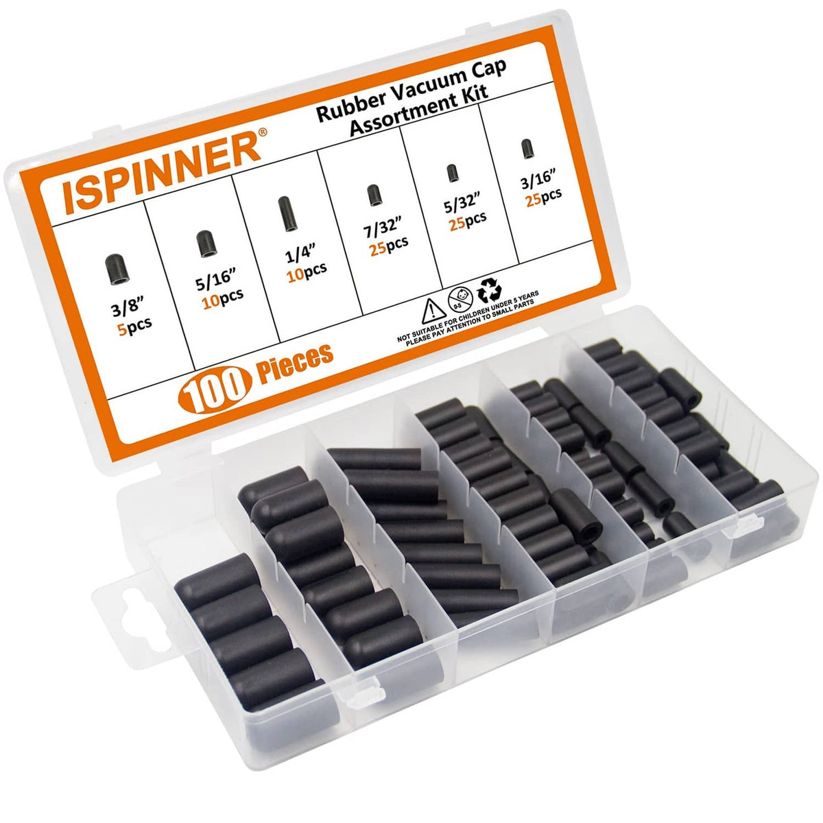 Rubber vacuum cap assortment kit in clear tray with multiple black caps