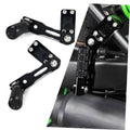 Black highway peg mounts with foot pegs and metal brackets, shown with bike mounting hardware
