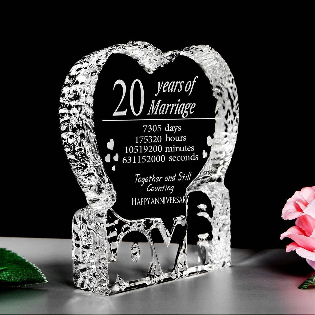 Engraved crystal heart keepsake showing 20 years of Marriage text and LOVE base