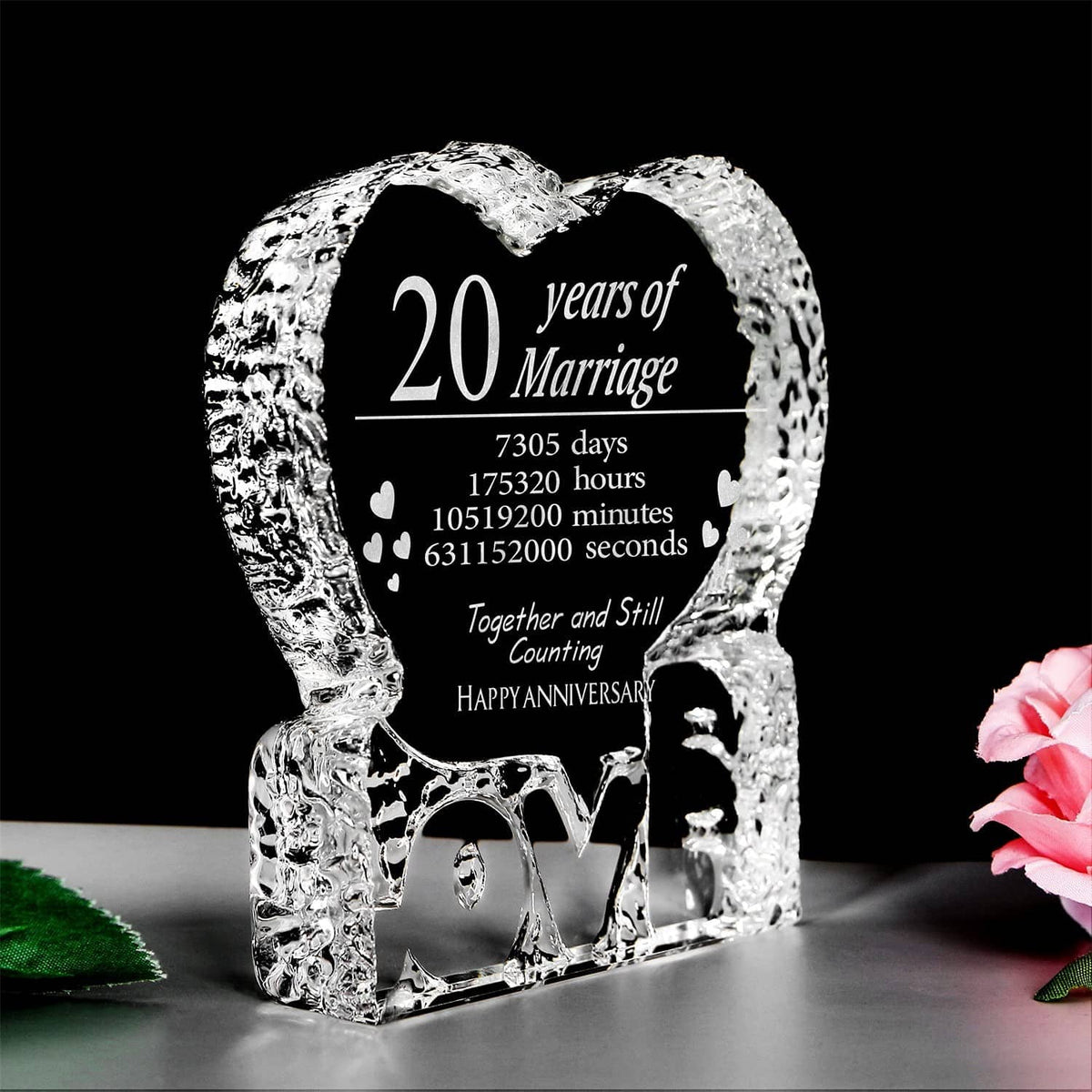 Engraved crystal heart keepsake showing 20 years of Marriage text and LOVE base