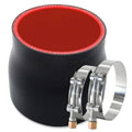 Black silicone hose coupler with reinforced red inner lining and silver metal clamps