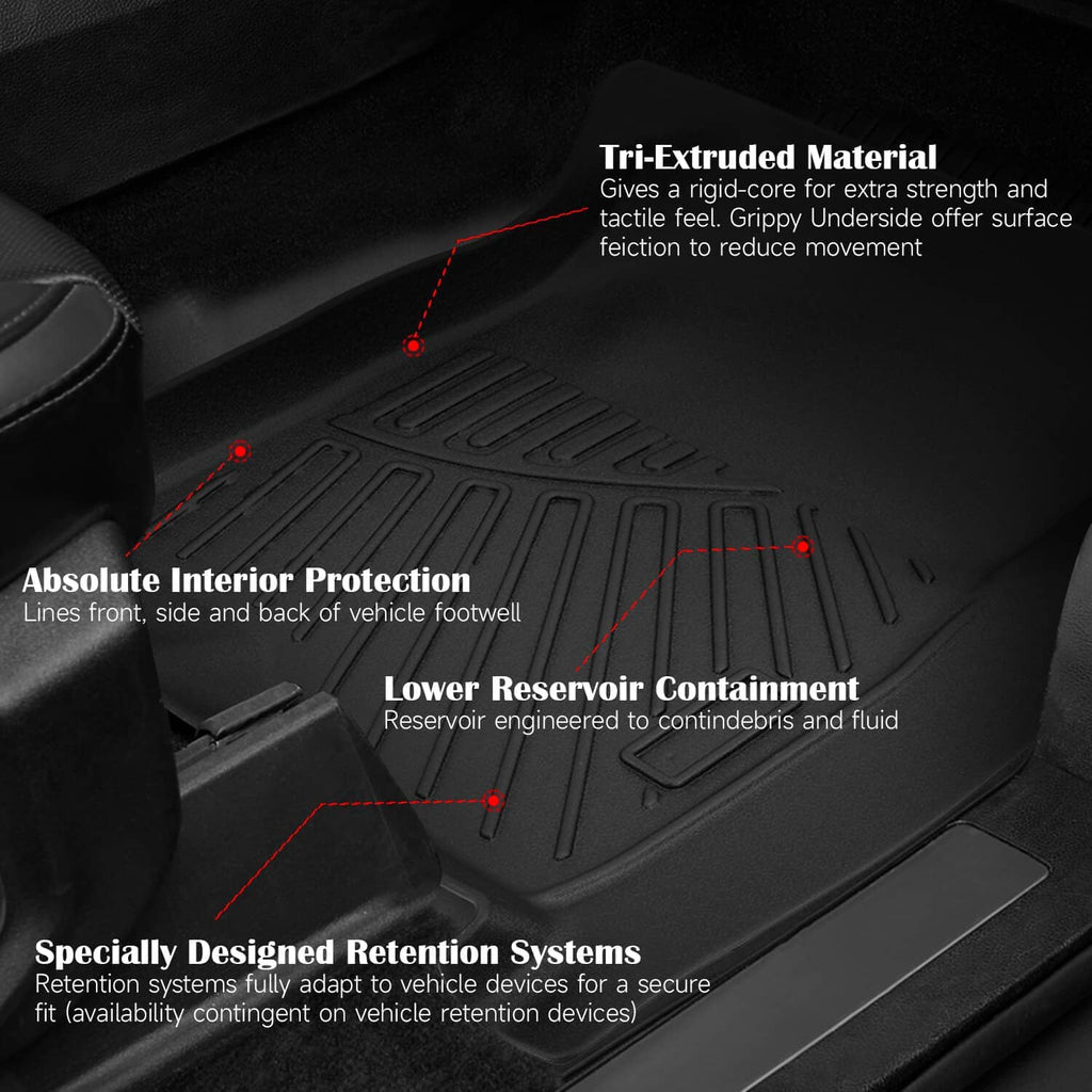 Black all-weather floor mat with molded grip tread and retention features