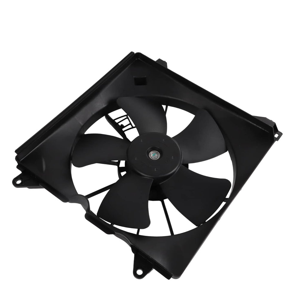 Radiator cooling fan assembly with black fan and mounting tabs on the outer shroud