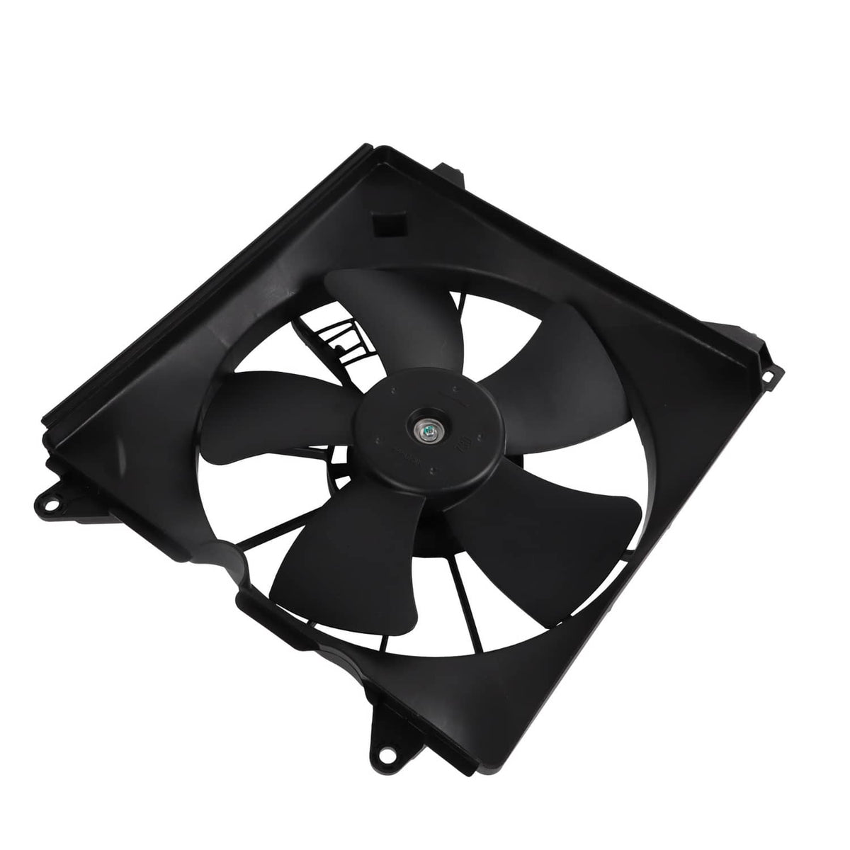 Radiator cooling fan assembly with black fan and mounting tabs on the outer shroud