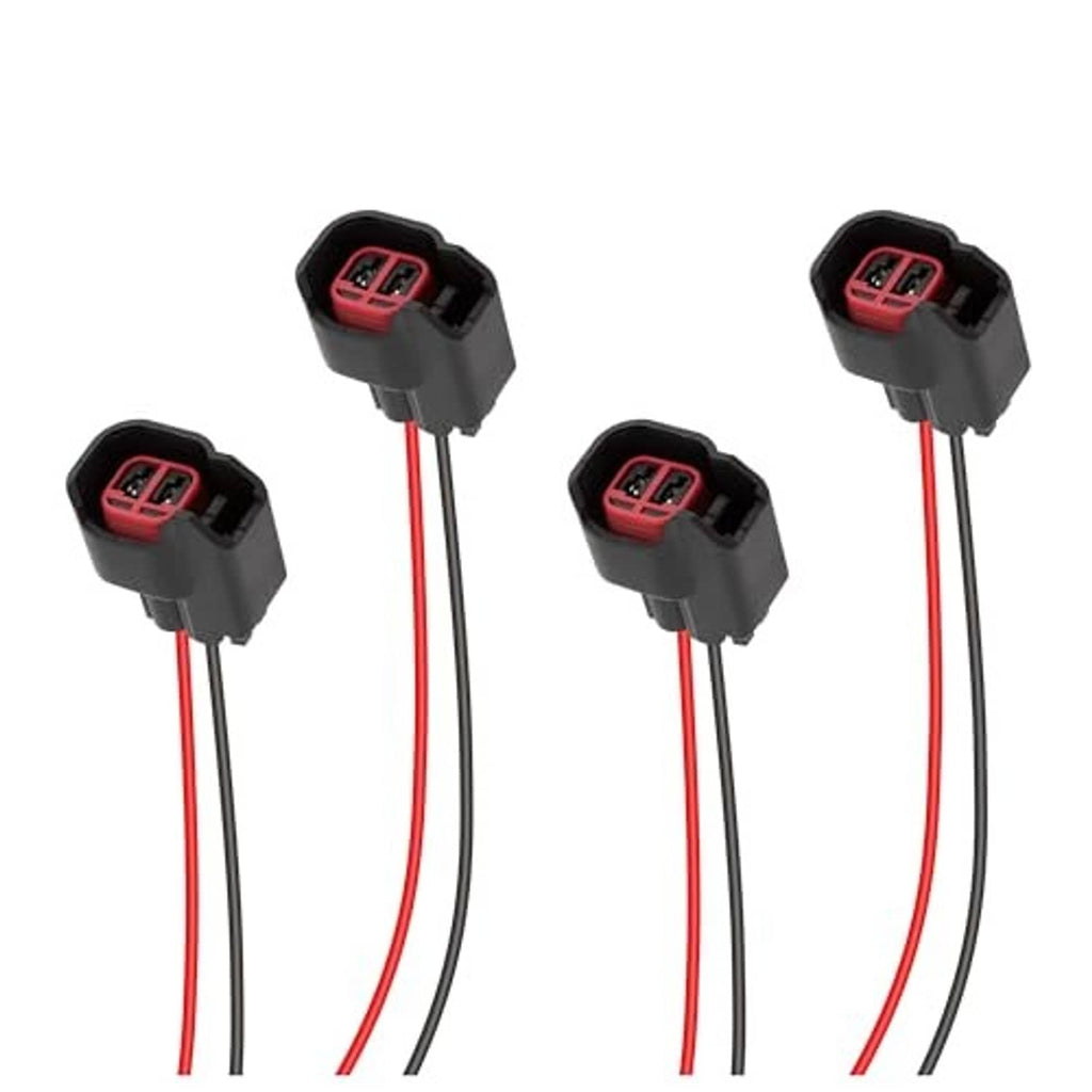 Four fuel injector connector pigtails, black plugs with red and black lead wires