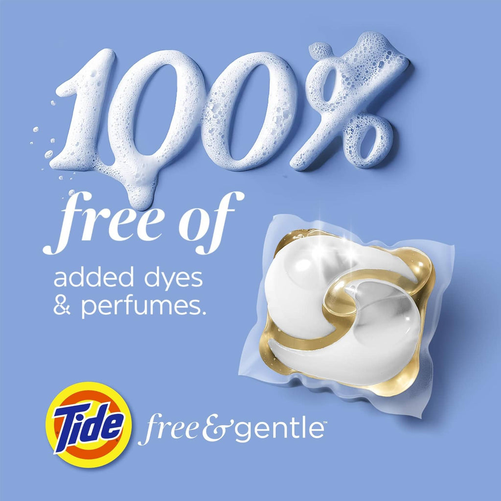 Tide free & gentle laundry detergent pods 100% free of added dyes and perfumes, single pod