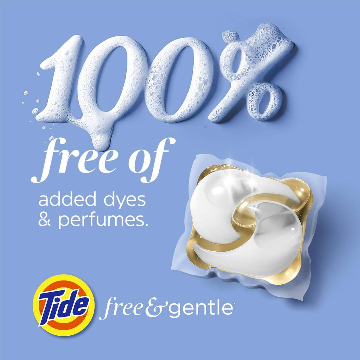 Tide free & gentle laundry detergent pods 100% free of added dyes and perfumes, single pod