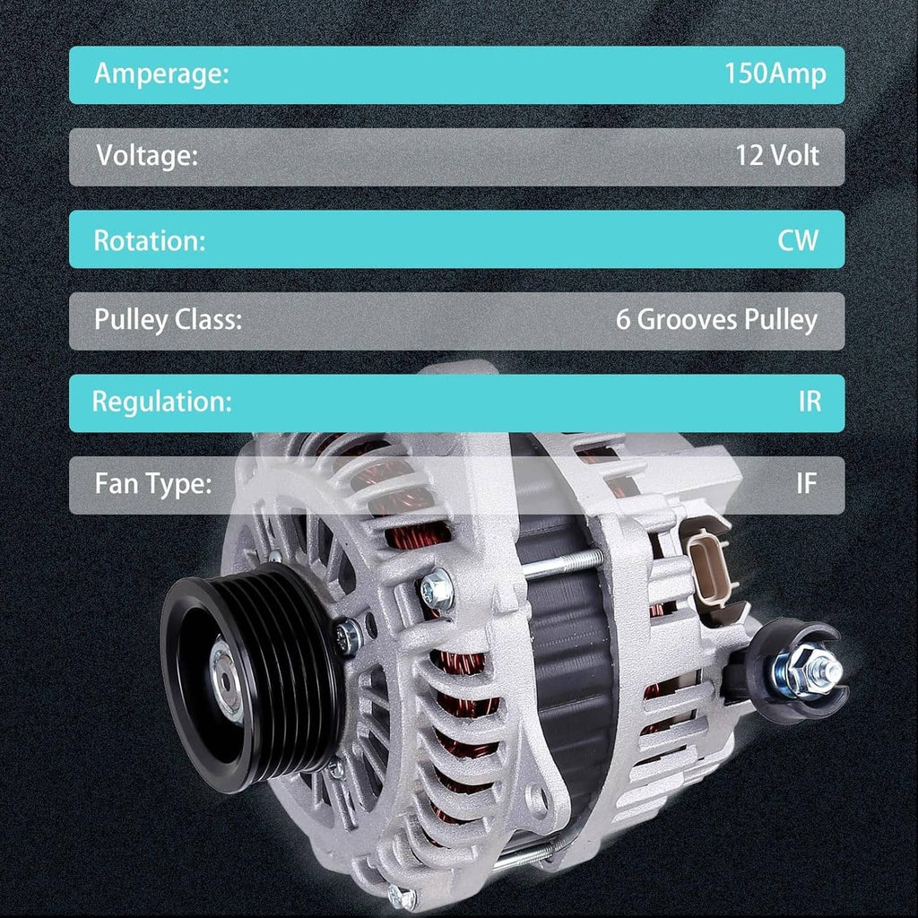 Automotive alternator angled view with black pulley, cooling fins, and mounting bolts