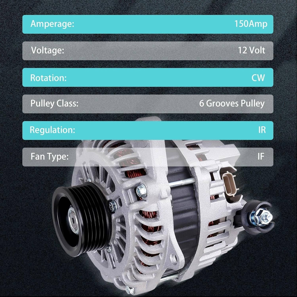 Automotive alternator angled view with black pulley, cooling fins, and mounting bolts