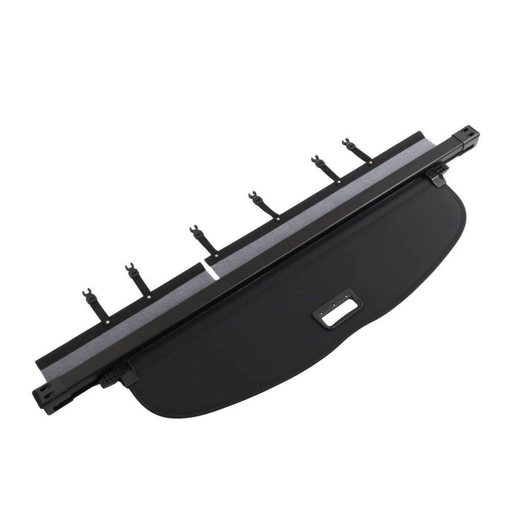 Black trunk cargo cover shade with front rail, peg mounts, and rectangular access slot