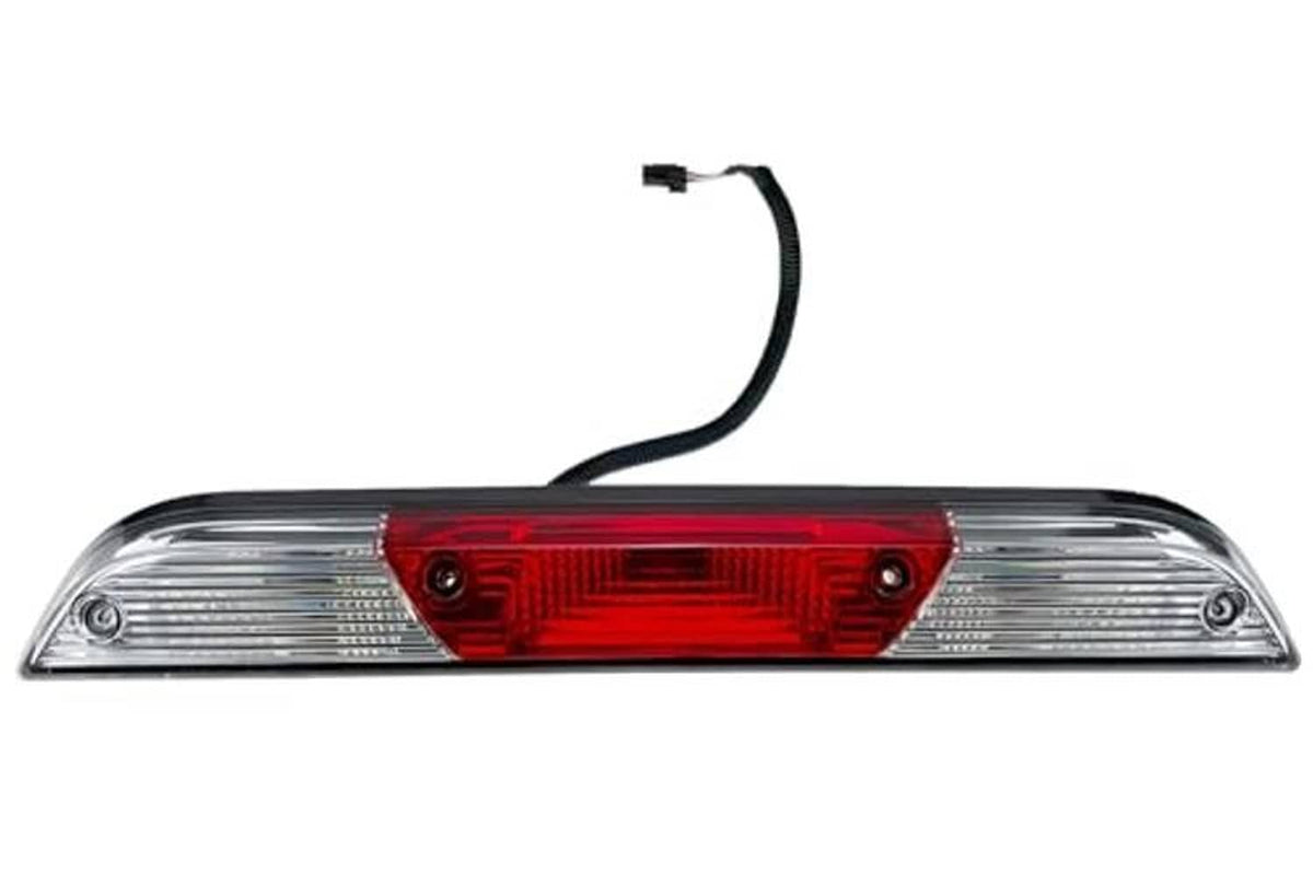 Center high mount third brake light with red lens and chrome clear side strips