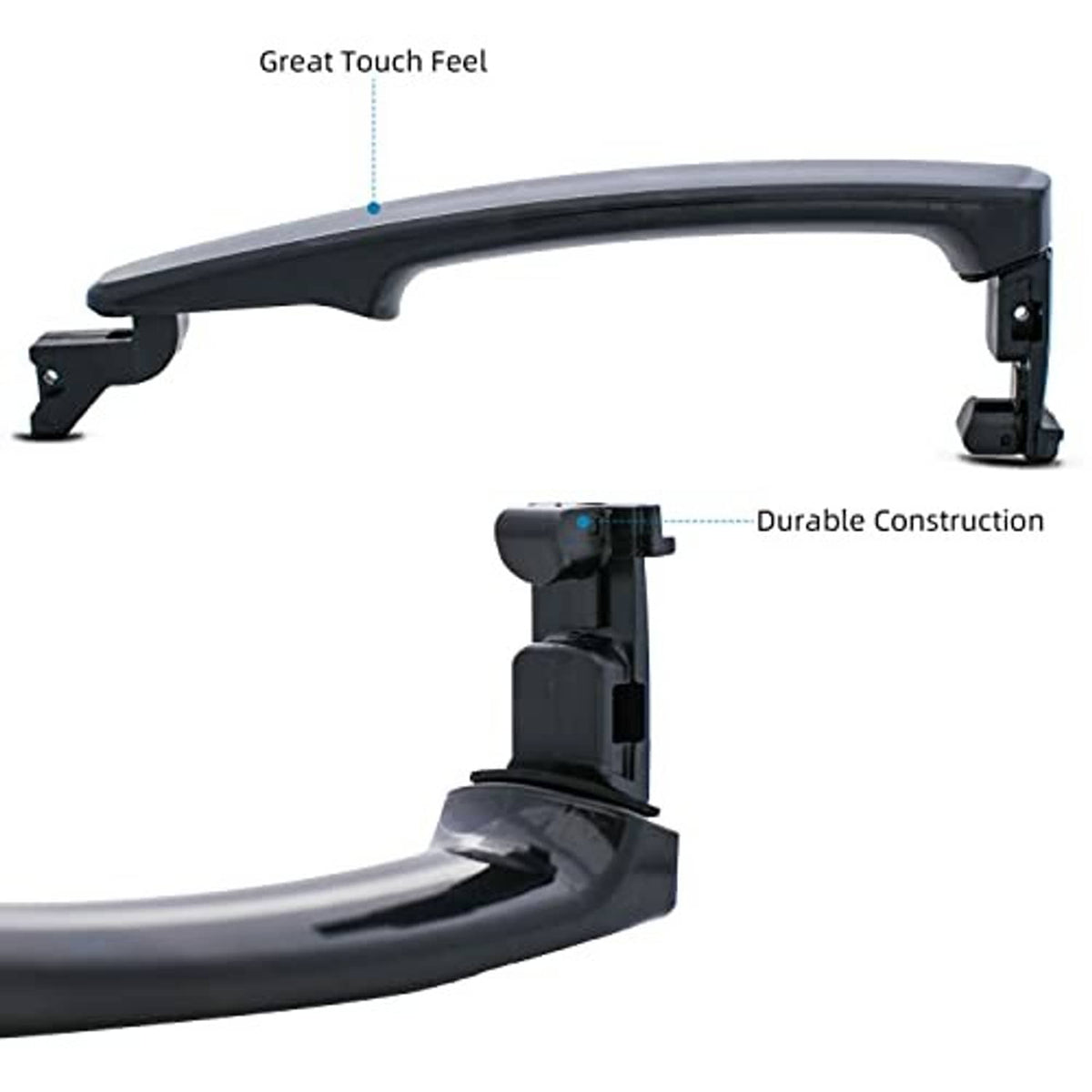 Black exterior door handle with mounting brackets and end clips, side profile