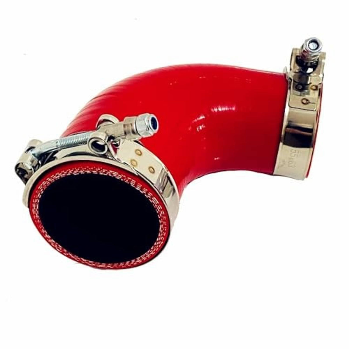 Red 90-degree silicone hose reducer with two metal band clamps