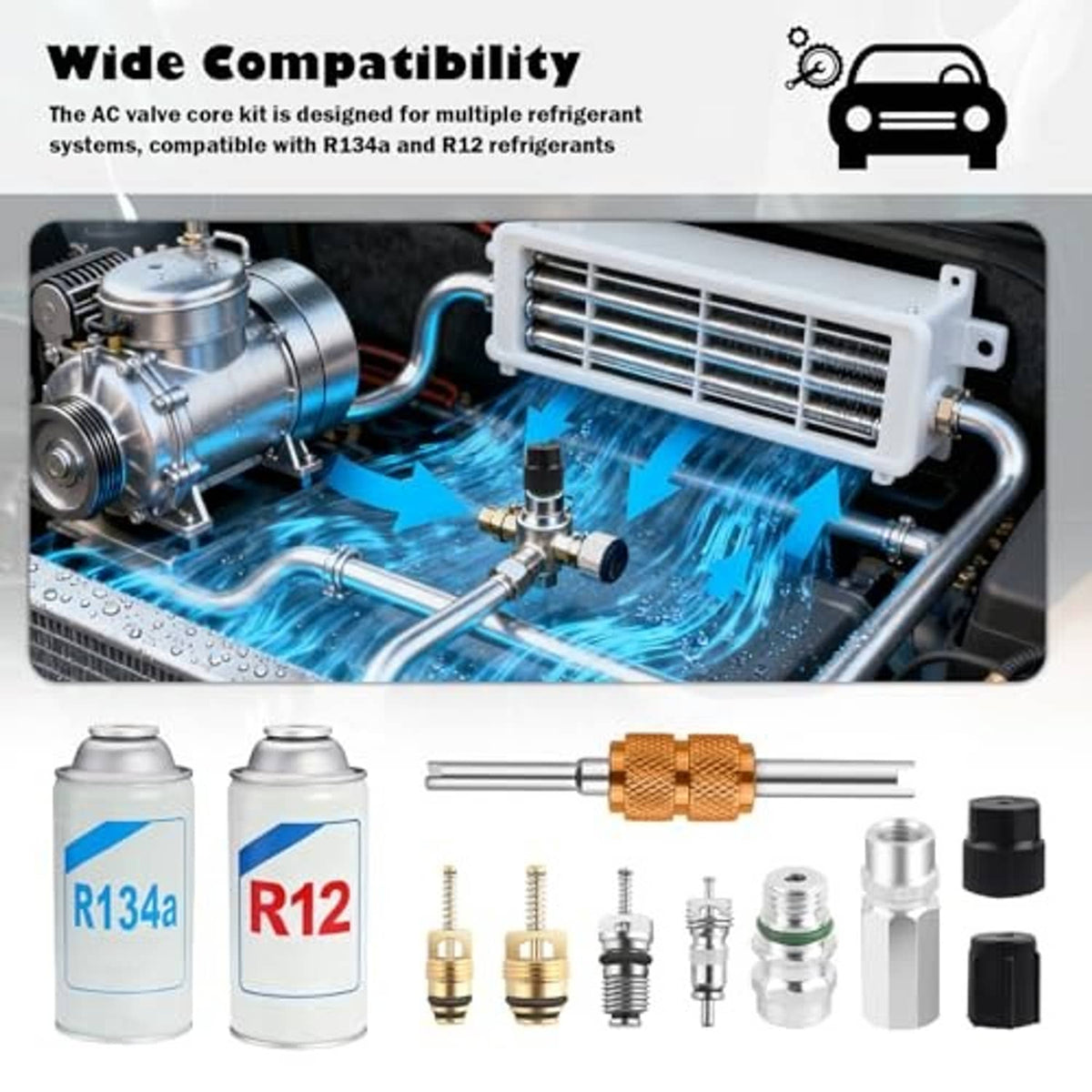 AC valve core kit with valve cores and tools next to R134a and R12 canisters