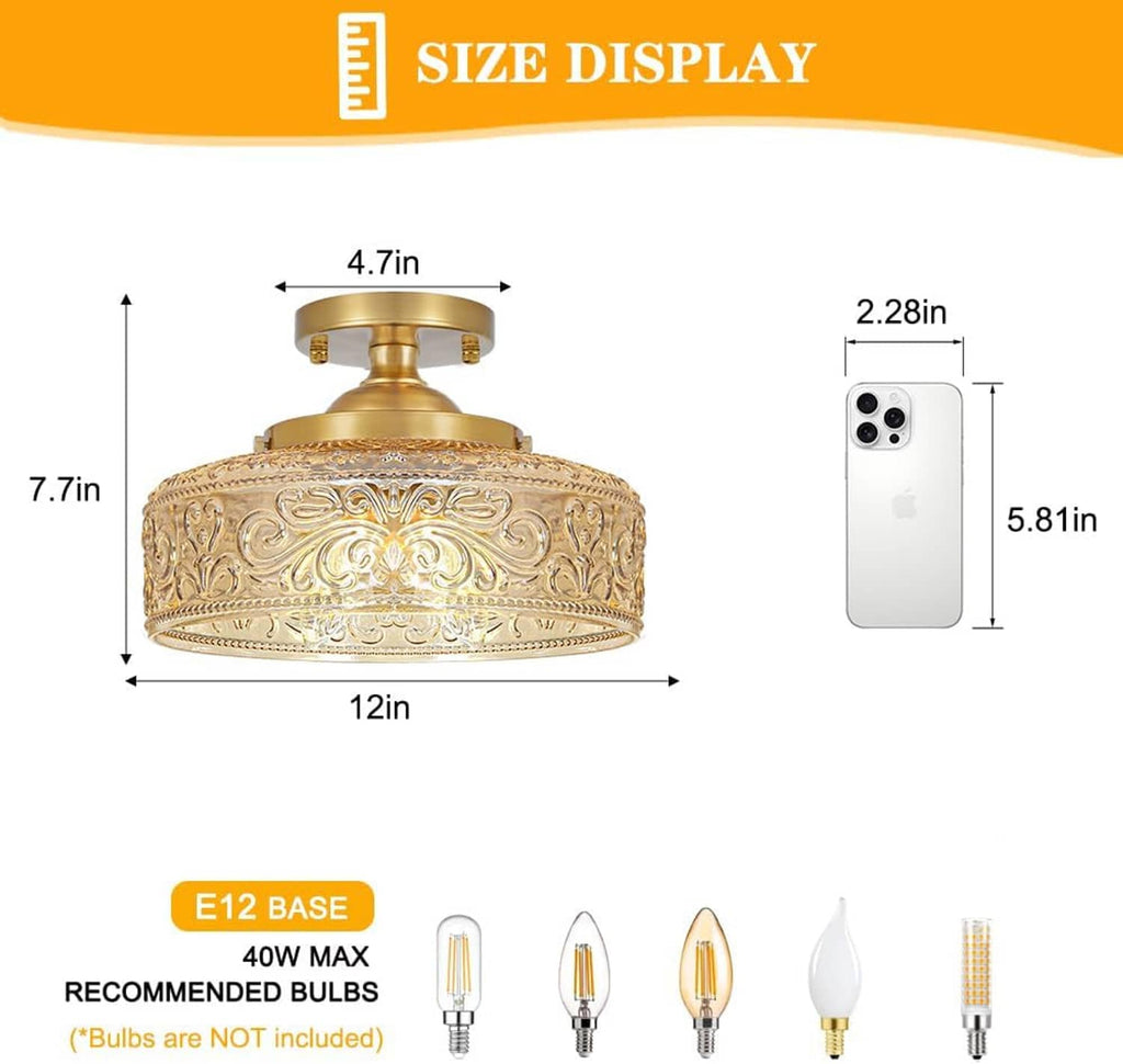 Gold semi-flush ceiling light with ornate glass shade beside size chart graphic