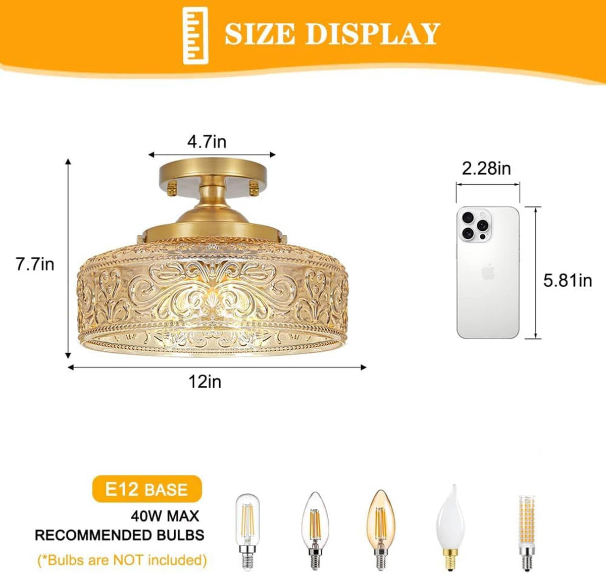 Gold semi-flush ceiling light with ornate glass shade beside size chart graphic