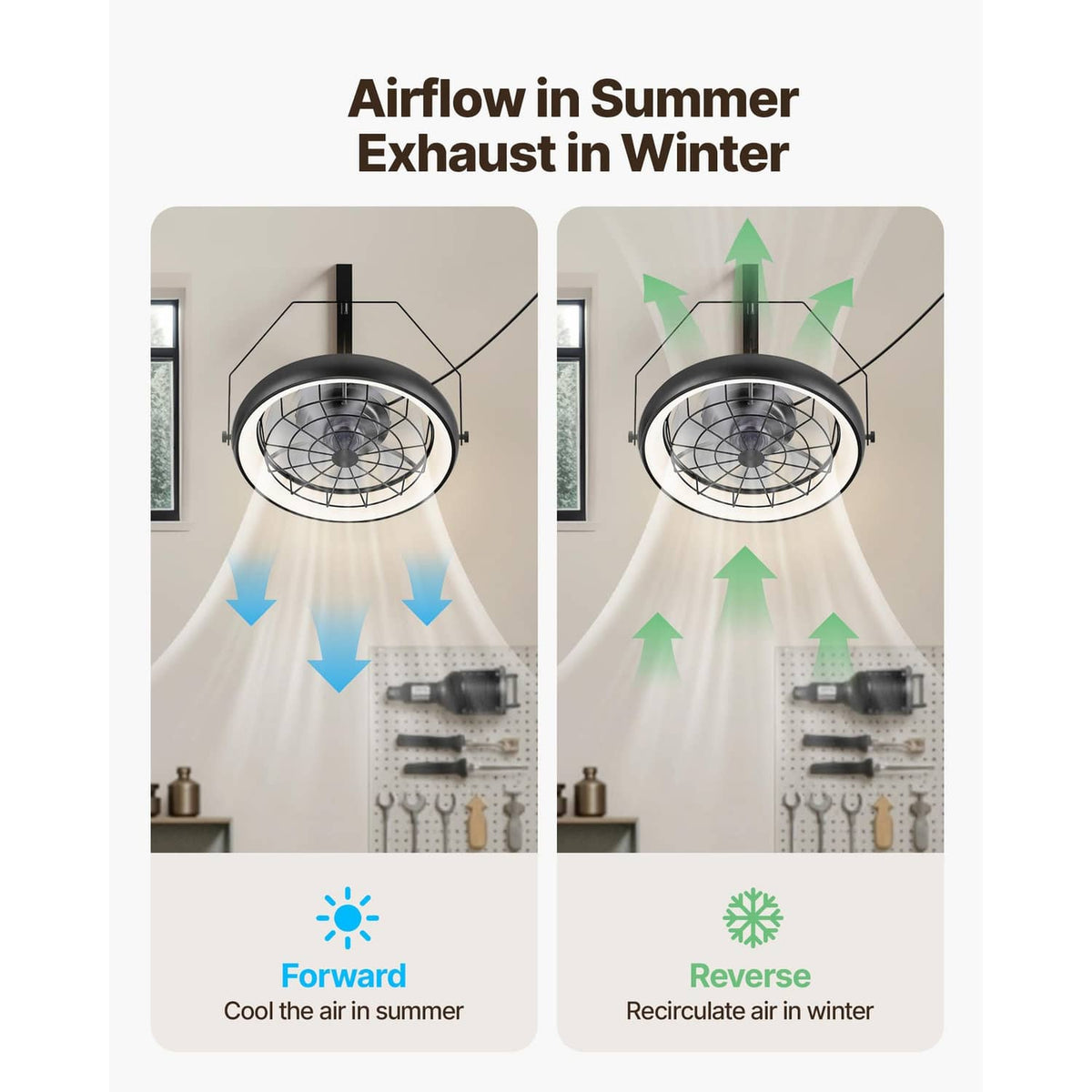 Wall-mount fan with light with forward and reverse airflow direction icons