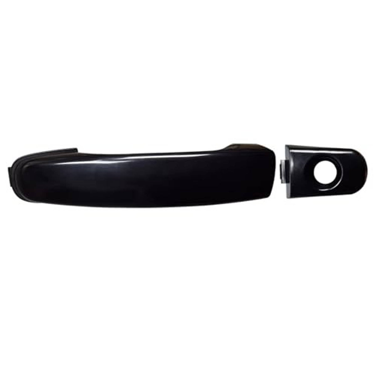 Front exterior door handle with keyhole opening, angled view, dark black finish