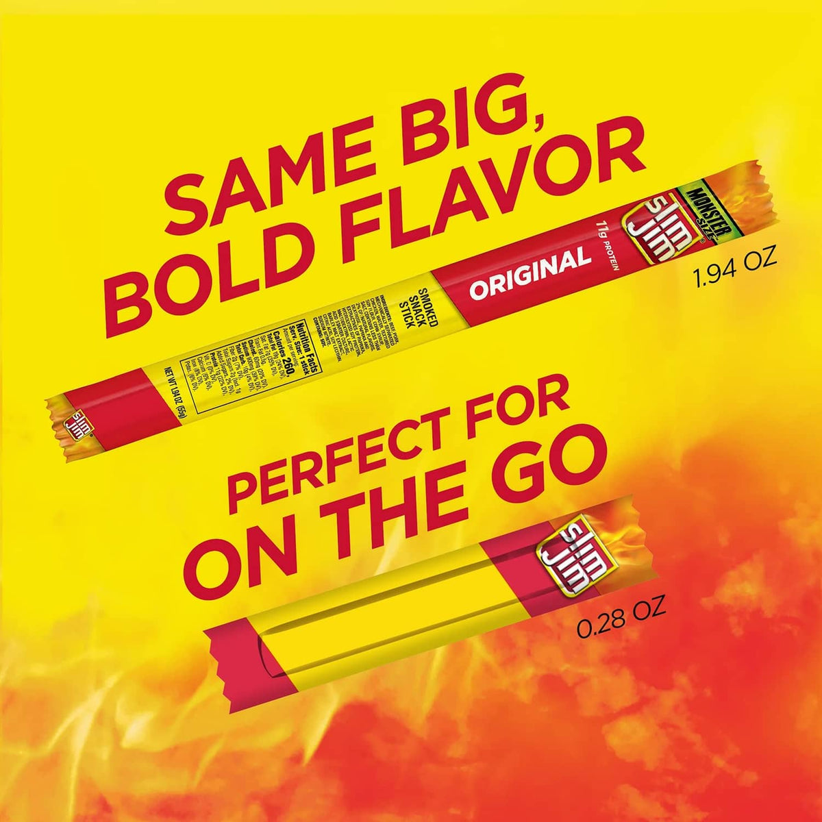 Slim Jim Original smoked meat sticks pack with sticks shown and 0.28 oz per stick