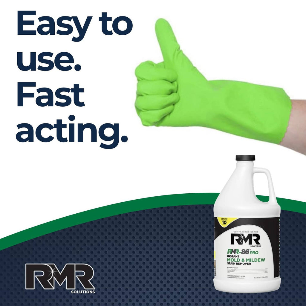 White plastic bottle with black cap, stain remover label visible, green glove pointing