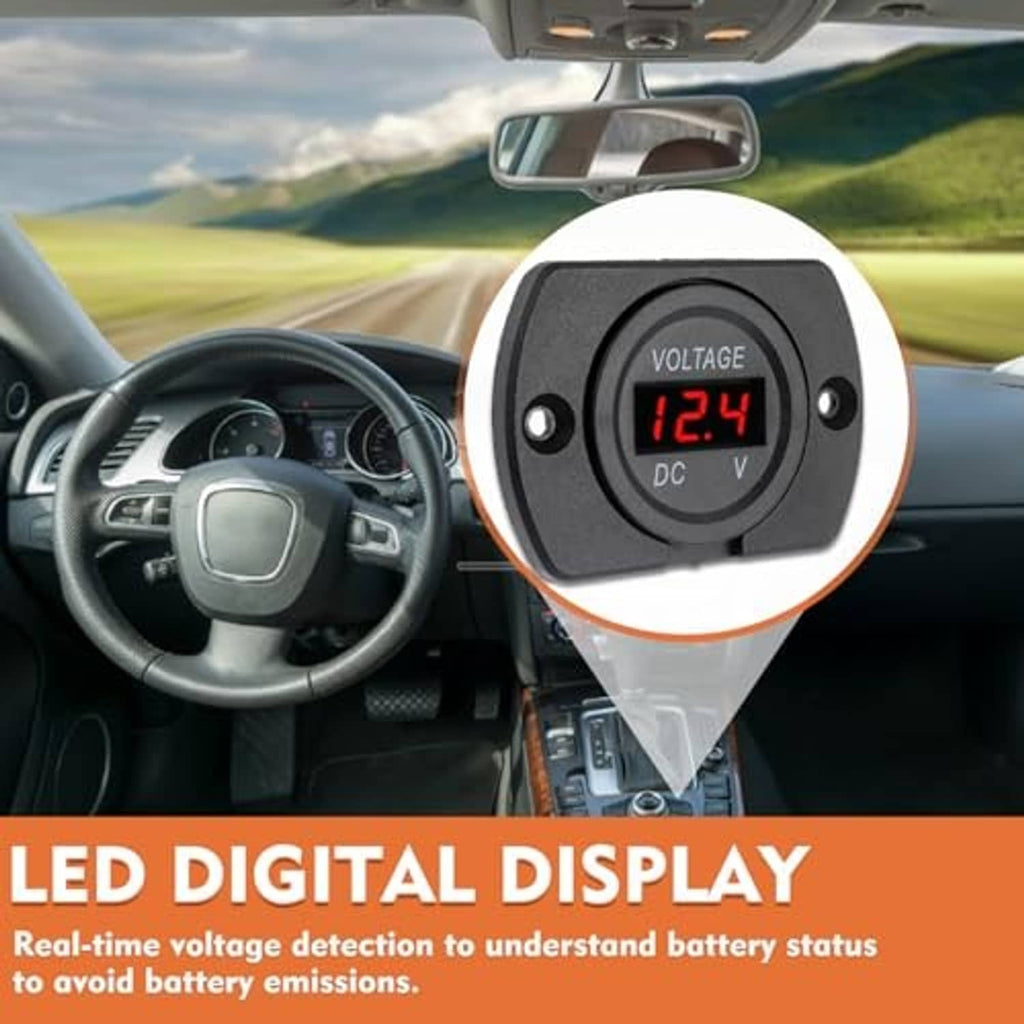Black voltmeter with red LED 12.4V display mounted near vehicle dashboard