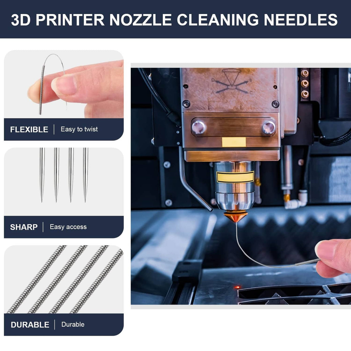 3D printer nozzle cleaning needle set with flexible, sharp metal needles
