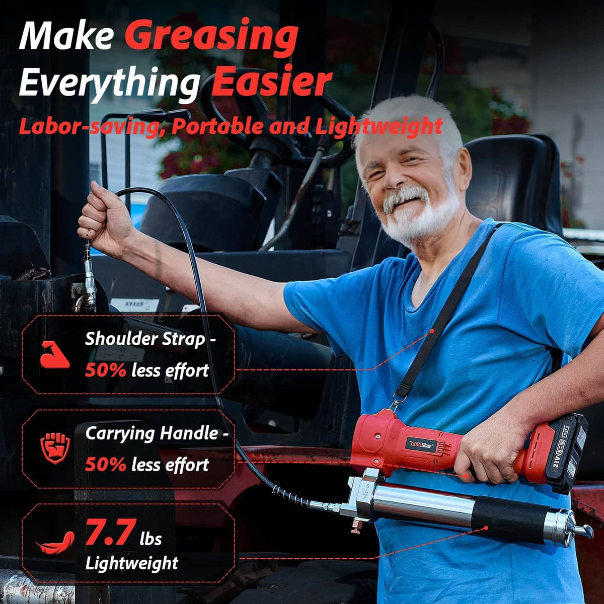 Red cordless electric grease gun with shoulder strap and carrying handle